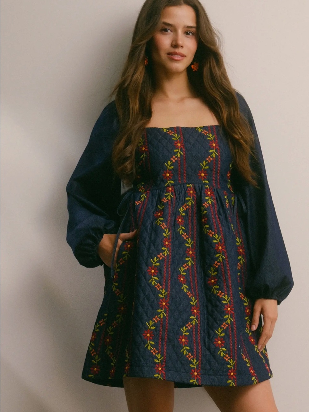 Forte Navy Quilted Mini Dress with Red & Green Floral Embroidery